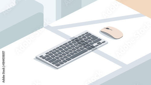 Minimalist workspace with modern isometric keyboard and mouse design
