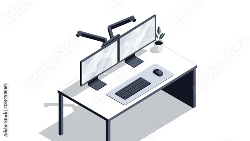 Modern workspace with dual monitors and minimalist design in isometric style