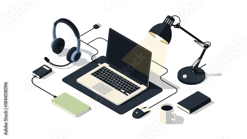Modern workspace essentials with laptop, headphones, and desk lamp in isometric style