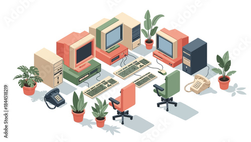 Retro office setup with vintage computers and plants in isometric style