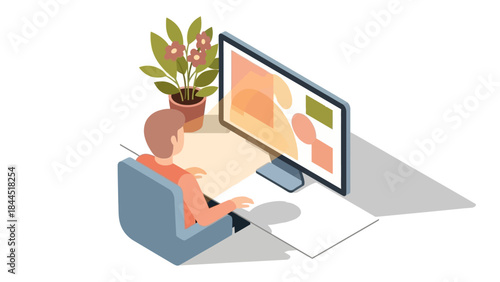 Productive home office setup with isometric design and modern decor