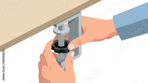 Hands adjusting c clamp on wooden surface in detailed flat drawing