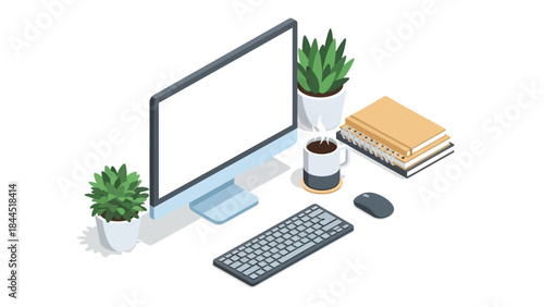Modern workspace with computer, plants, and coffee in isometric design