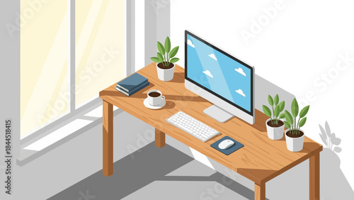 Modern home office desk with computer, plants, and coffee cup in isometric style