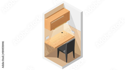 Minimalist isometric home office with chair and shelves in 3d design