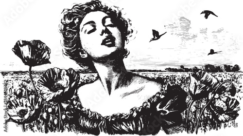 Woman with flowers. Vintage illustration featuring a female face surrounded by poppies in a detailed black and white vector art.