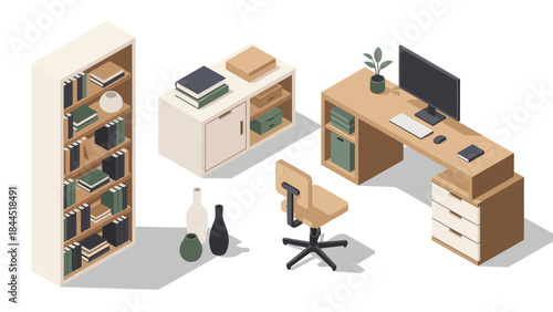 Modern office furniture in isometric style featuring desk, chair, shelves, and accessories