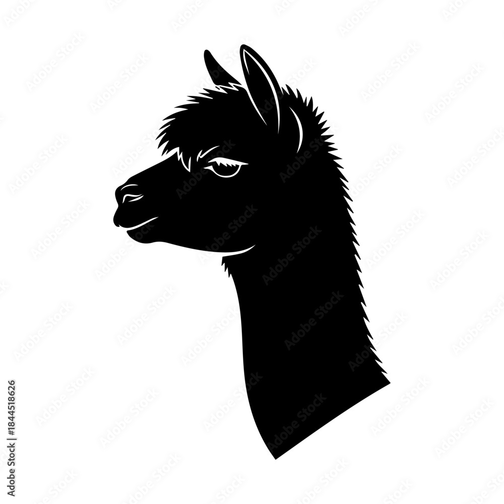 Fototapeta premium Black silhouette of an alpaca head and neck in profile, isolated on a white background, depicting the animal's distinctive features.