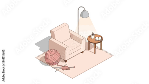 Cozy living room scene with armchair and knitting supplies in isometric style