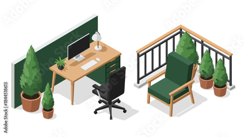 Isometric home office and balcony with greenery