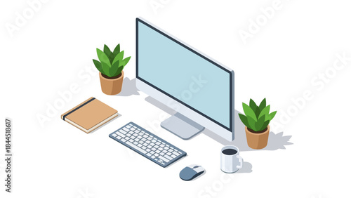 Modern home office workspace with computer, plants, and coffee cup in isometric style