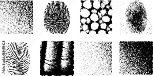 Collection of textures and patterns featuring fingerprints and dotted designs. This black and white vector illustration showcases graphic styles in a set.