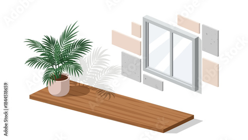 Isometric window scene with potted palm on wooden sill and modern wall accents