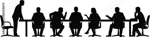 Business meeting silhouettes, corporate team discussion at conference table, office teamwork leadership negotiation strategy professional collaboration concept illustration