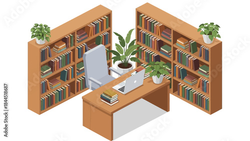 Cozy isometric home office with bookshelves and laptop