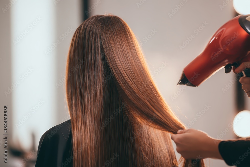 Naklejka premium Woman with long, shiny, straight brown hair is sitting in the salon chair while her professional stylist dries it with a blow-dryer. Beautiful hairstyle. Close-up of hair styled with an electric dryer