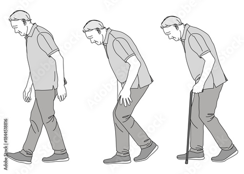 間欠破行 杖をついて歩く老人のイラスト 全身横向き