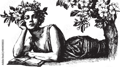 Woman with flowers. Black and white vintage illustration featuring a graceful figure resting with a book, vector artwork.