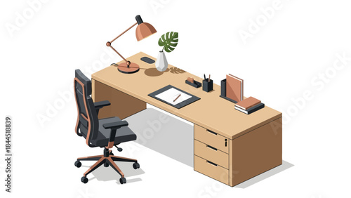 Modern isometric office desk setup with chair, lamp, and accessories