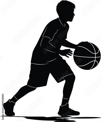 Basketball player silhouette dribbling ball, youth athlete training moment, dynamic sports action, black and white vector illustration design concept artwork