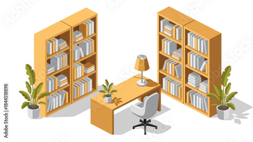 Modern isometric home office with bookshelves and desk setup