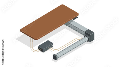 Isometric adjustable desk with wooden top and metallic frame