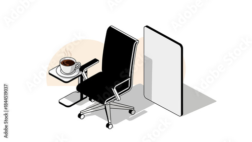 Modern office scene with coffee cup on ergonomic chair and minimalist divider