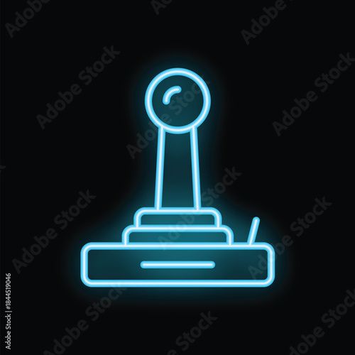 Blue neon icon of a retro joystick glowing on black background, perfect for entertainment and gaming concepts