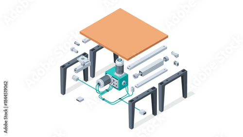 Isometric exploded view of modular table assembly with mechanical components