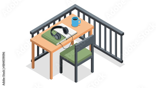 Cozy isometric workspace: desk with headphones, book, and coffee mug on balcony