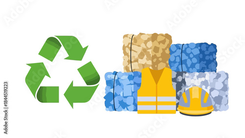 Recycling symbol with construction safety gear and baled material