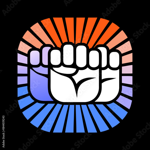 Three raised fists with sunburst rays graphic protest