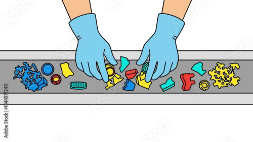 Hands sorting recyclable waste on conveyor belt with gloves