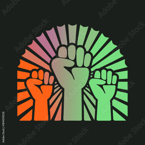 Three raised fists with gradient rays protest power