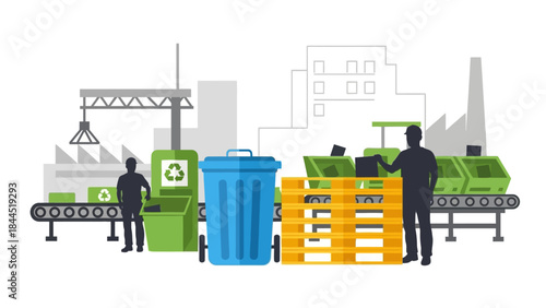 Recycling plant in action: workers and machines in a flat urban industrial scene