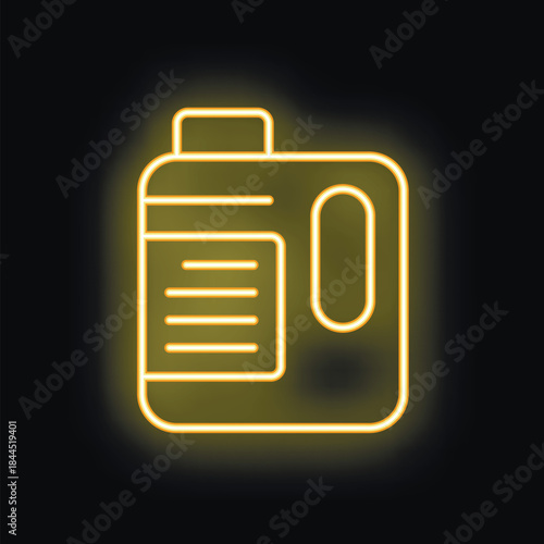 Yellow neon icon of plastic bottle with handle for household chemicals glowing on black brick wall