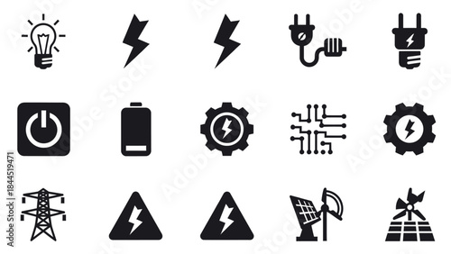 Collection of electricity and energy related icons including light bulbs batteries and solar power
