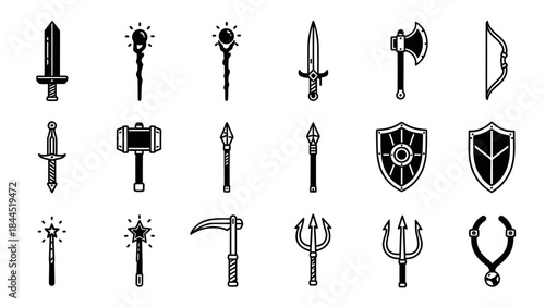 Collection of fantasy game weapons and magical items in a flat icon style