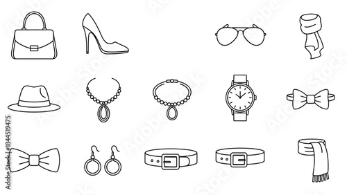 Collection of fashionable accessories and apparel line art icons for styling outfits