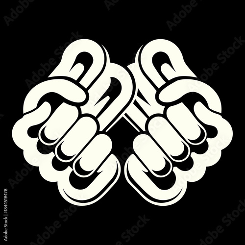 Two interlocked cream fists on black background hands 1