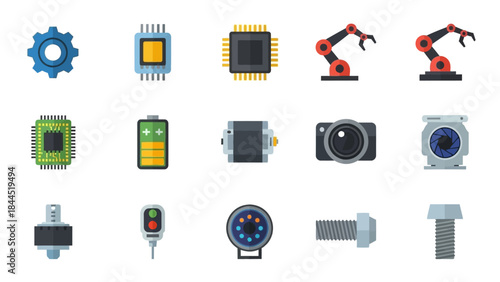 Collection of engineering and technology icons representing components and machinery