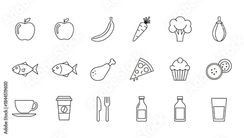 Collection of flat line art icons representing various food and drink items for healthy eating and