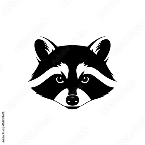 A black and white stylized illustration of a raccoon's head, facing forward, with its distinctive mask.