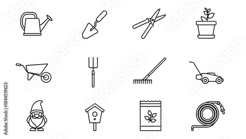 Collection of gardening tools and accessories outline icons on a white background