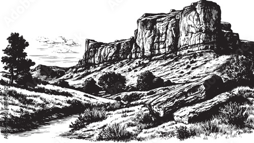 Mountain landscape vector illustration in black and white. Detailed scenery featuring trees, rocks, and a river, showcasing vintage graphic art style.