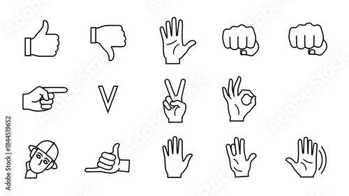 collection of hand gesture icons representing communication and emotion in a simple line art style