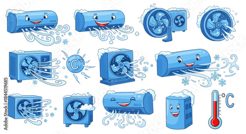 Cartoon Air Conditioners with Faces and Cooling Effects.