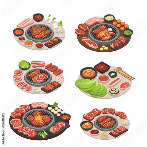 Delicious Grilled Meat Dinner with Fresh Side Dishes and Sauces Vector Illustration Set Cutaway