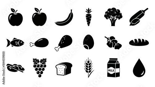 Collection of Black and White Icons Representing Various Healthy Food Items and Ingredients