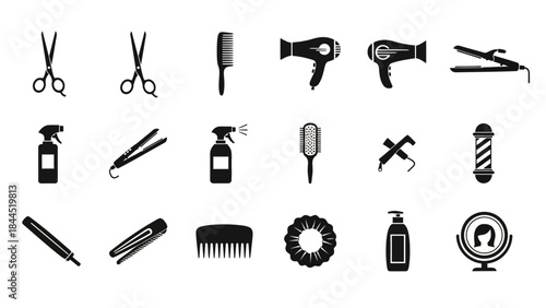 Collection of black and white icons representing various hairdressing tools and accessories